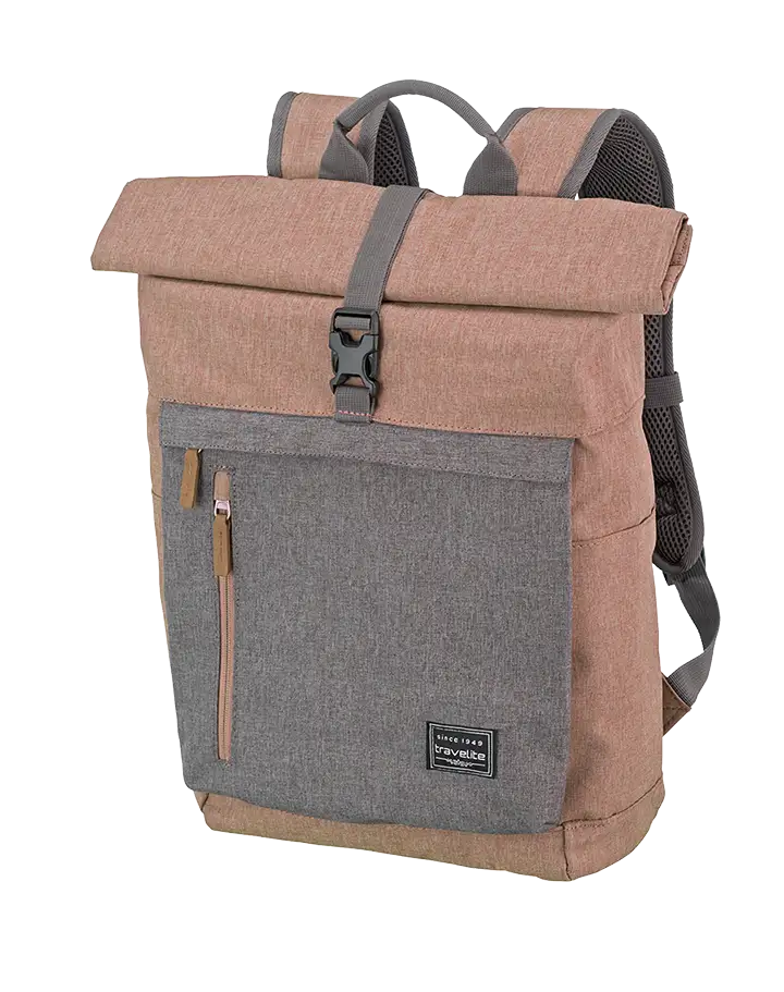 Travelite BASICS Rollup Rucksack, Rosa/Grau – Schrägansicht 2