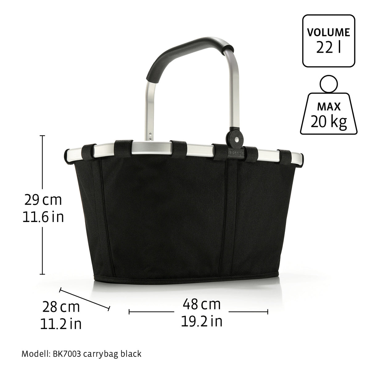 Reisenthel carrybag puffer stone – Maßgrafik, abweichende Beispielfarbe