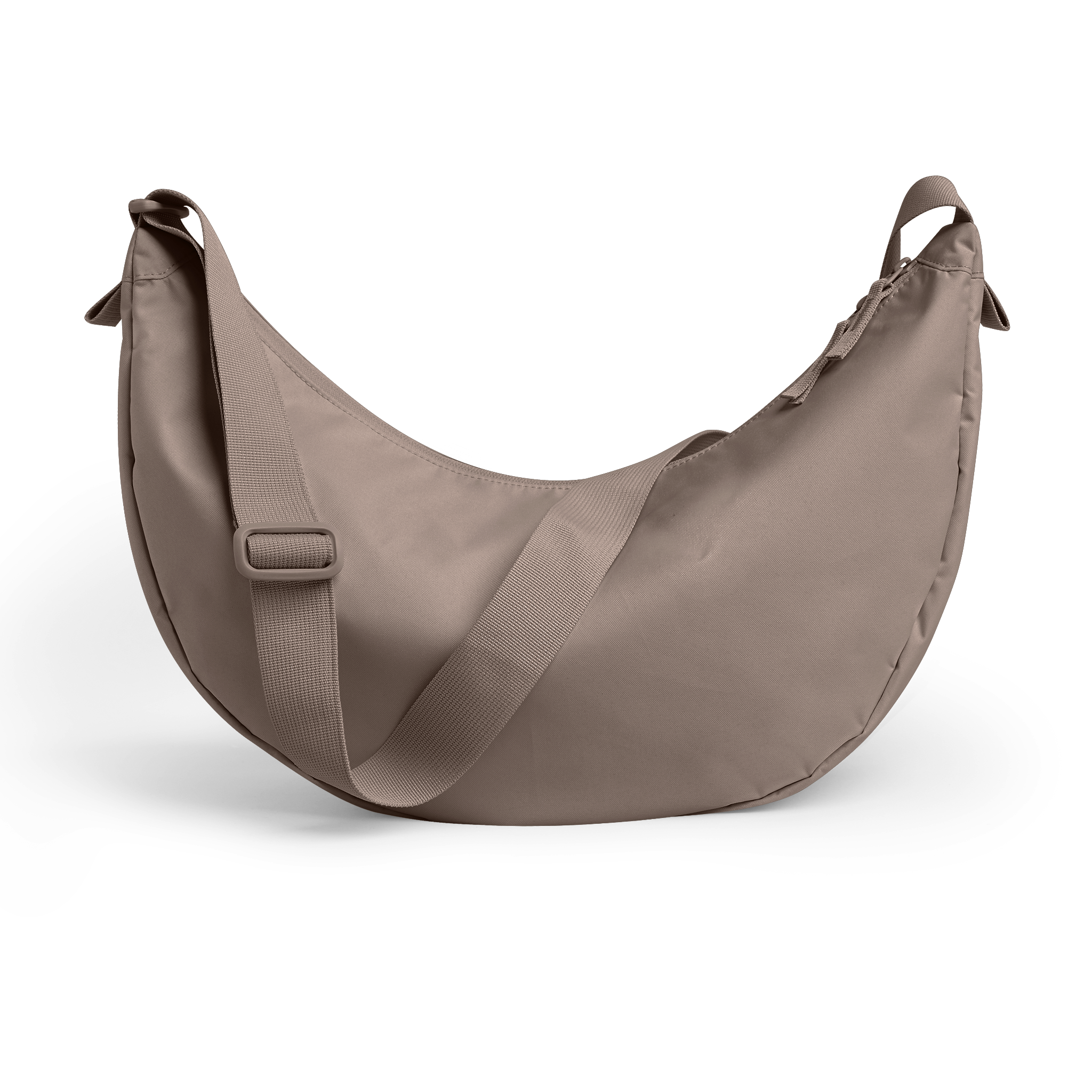 MOON BAG LARGE Tasche in oyster (klassisches Taupe-Braun) als Rückenansicht.