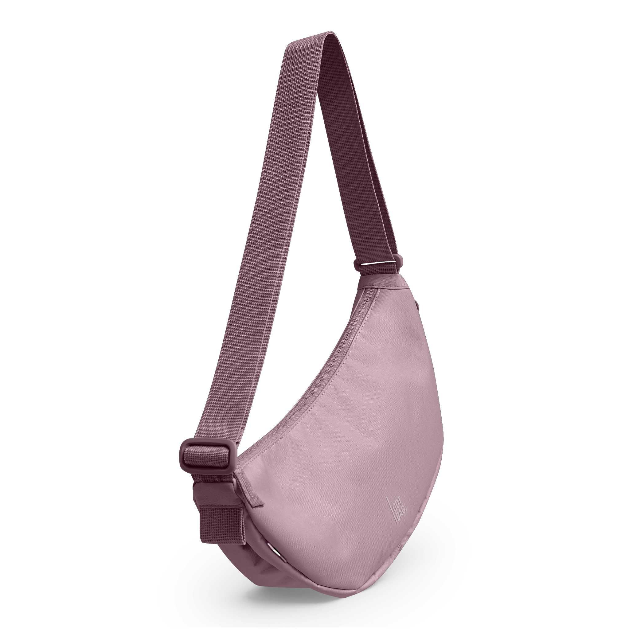 MOON BAG SMALL Tasche in calamary (Altrosa) in diagonaler Ansicht mit Schatten.