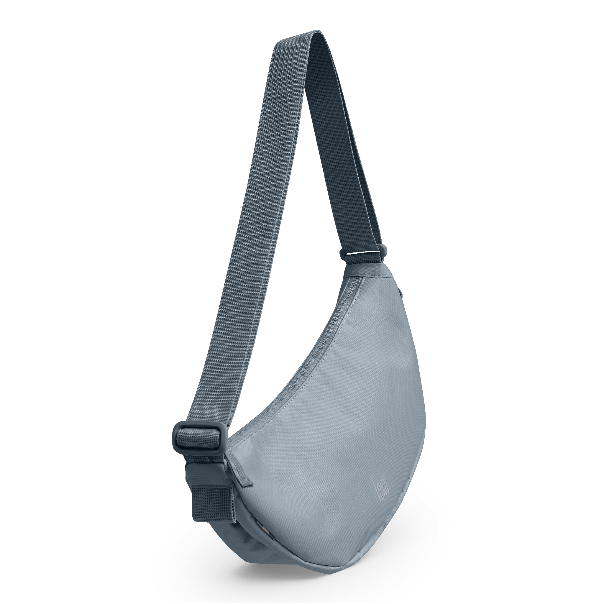 MOON BAG SMALL Tasche in marlin (grau-blau) in diagonaler Ansicht.