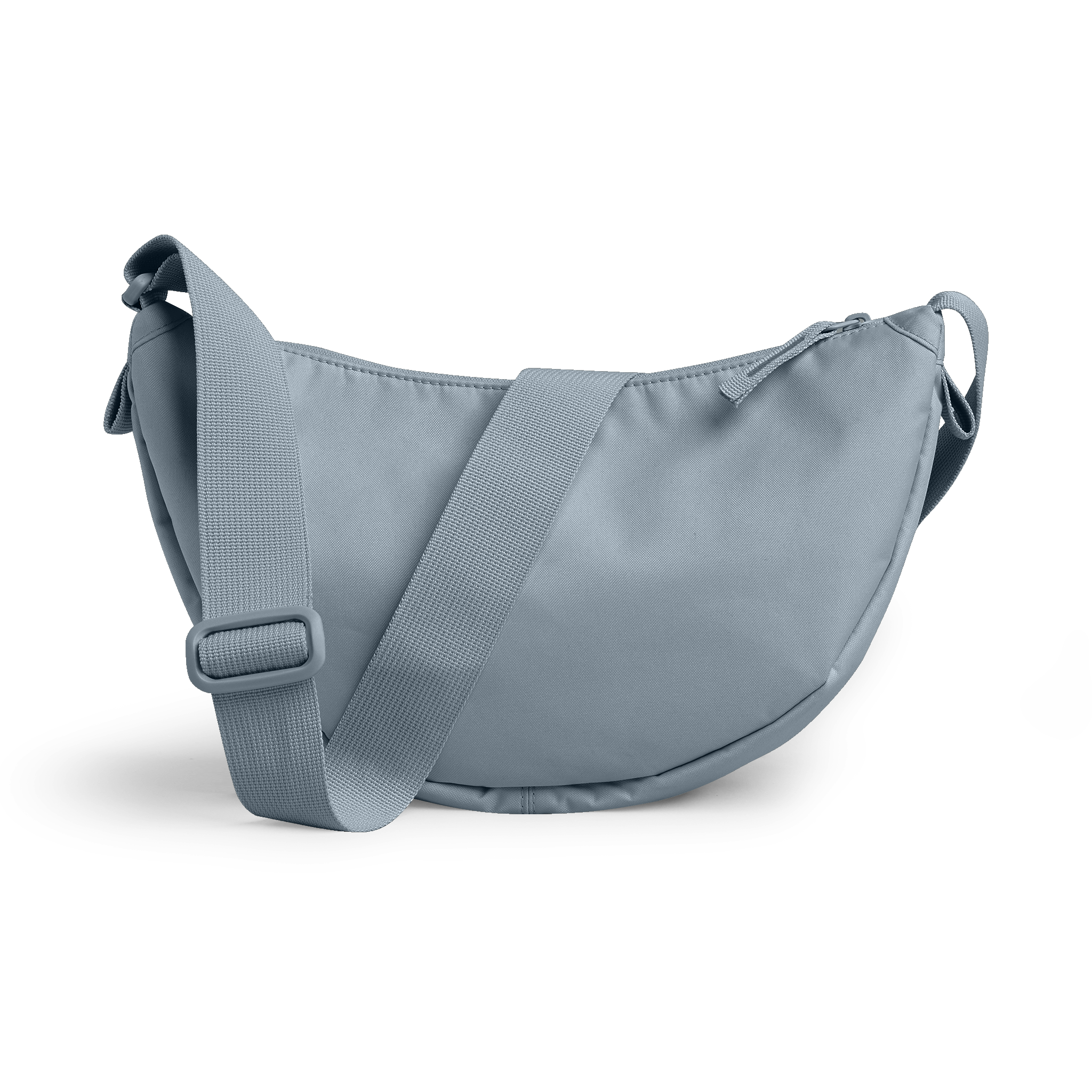 MOON BAG SMALL Monochrome Edition Tasche in marlin (grau-blau) als Studioaufnahme in Rückansicht.