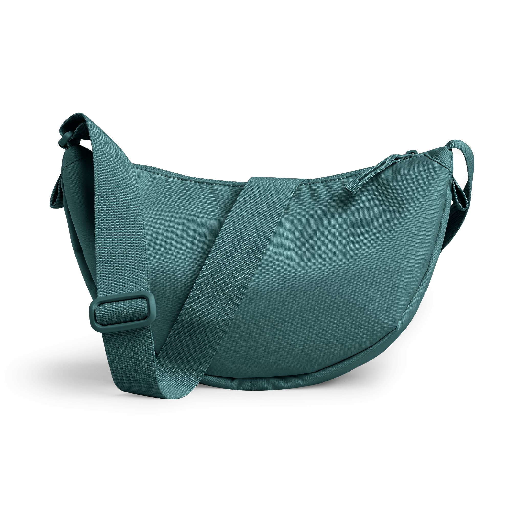 MOON BAG Tasche in sea teal (kühles Türkisgrün) als Studioaufnahme in Rückansicht.