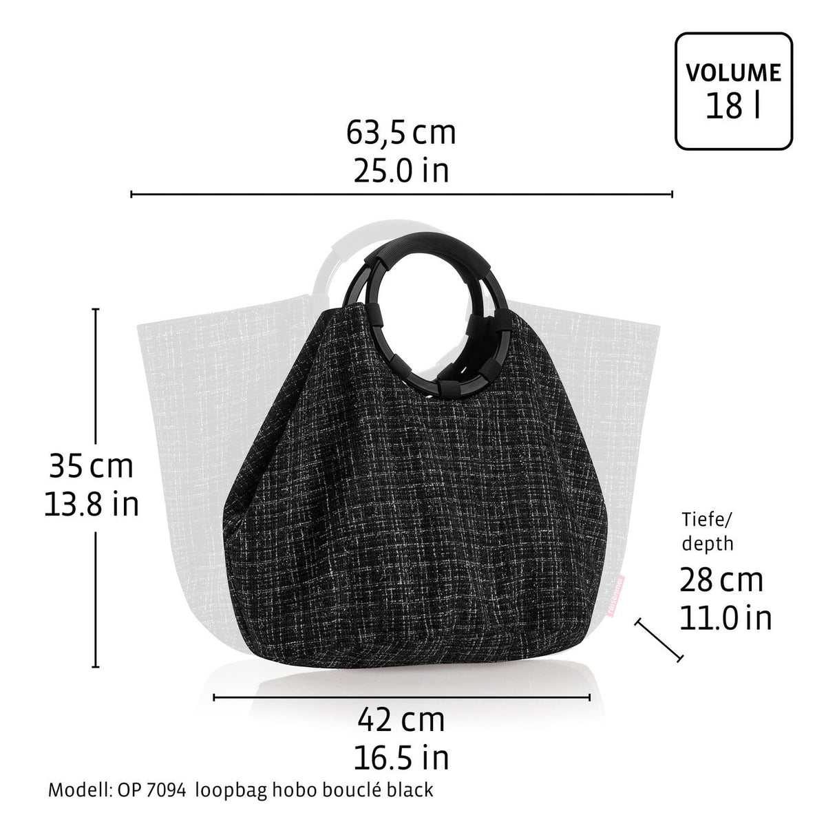 Reisenthel loopbag hobo puffer stone – Maßgrafik, abweichende Beispielfarbe